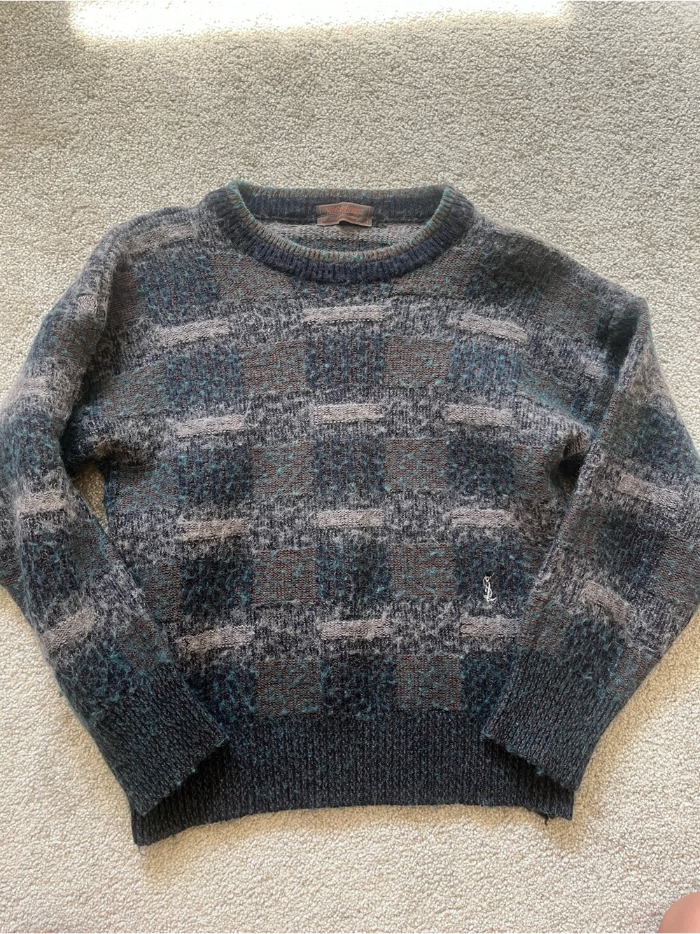 Yves Saint Laurent Crewneck Wool Checker Knit Sweater - Charcoal Multi